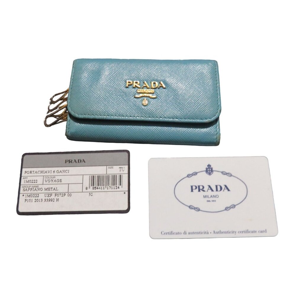 PRADA Voyager Italian Saffiano Leather Metal 6 Key Holder Cobalt Turquoise Blue